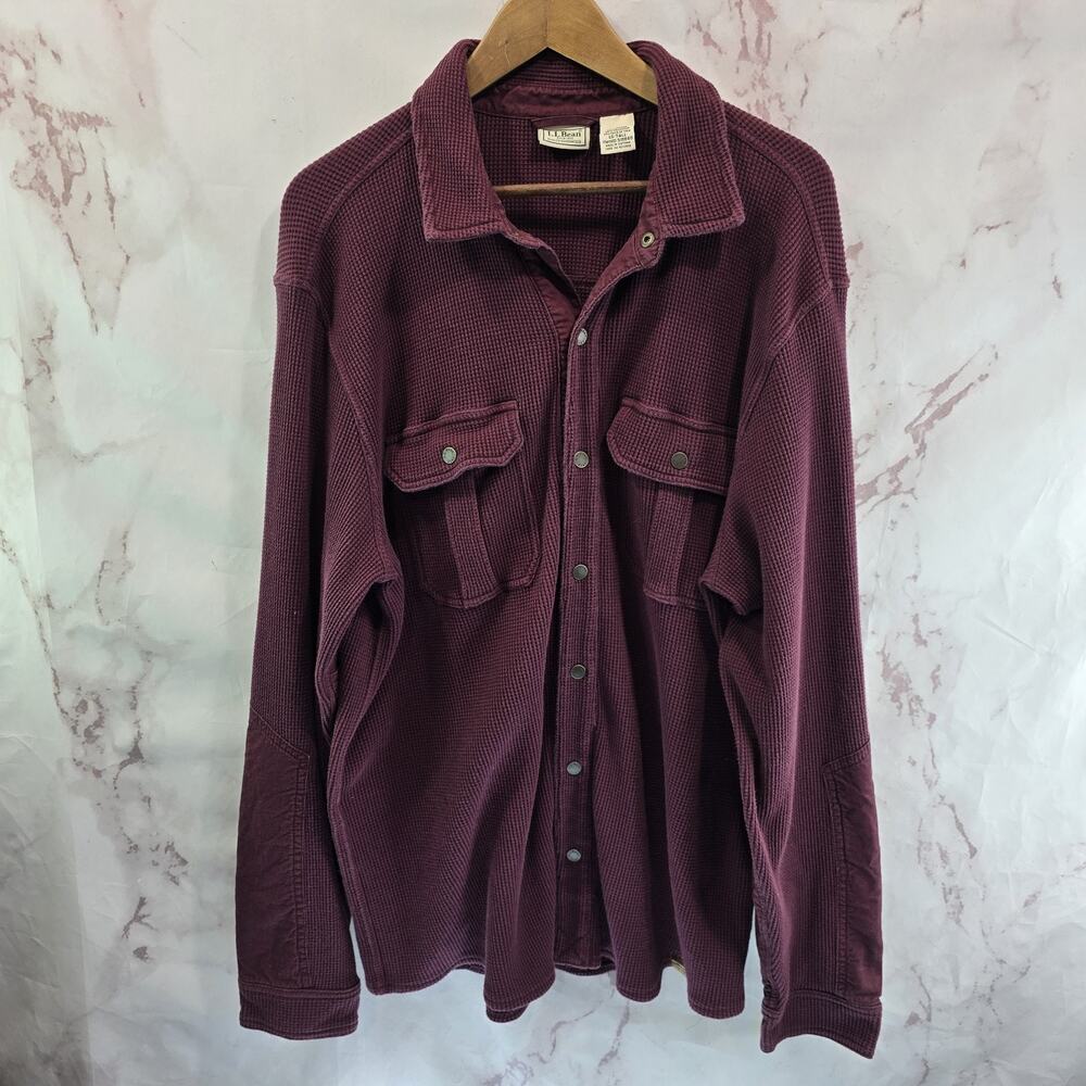 LL Bean Shirt Men Large Tall Maroon Waffle Thermal Shacket Button Up Vintage